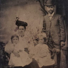 Loving Family Little Girls Tintype c1870 Antique 1/6 Plate Photo Man Woman F710 picture
