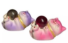 VTG Set 2 Mini Japanese Lucky Cat Resin Reclining Kittens with Balls Pink Purple picture