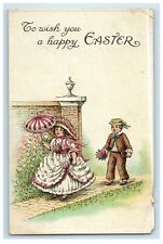 c1910's Happy Easter Dressed Girl Boy With Flowers Embossed Antique Postcard picture