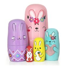 Set of 5 Bunny Russian Nesting Dolls,Easter Cute Rabbit Wooden Matryoshka Nes... picture