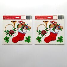 2x VTG Color-Clings Christmas Window Decorations Stockings Toys Horn Paper Holly picture