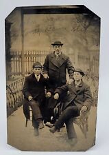 Outdoor Tintype Photo~Three Men Cigars~Hats~Coats~Identified Names Written Above picture