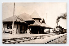 RPPC Postcard Train Arriving London Ohio Depot OH Smokestack Real Photo picture