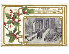 c.1907 Couple Outside Snowy House Holly Berries Merry Christmas Int Art Postcard picture