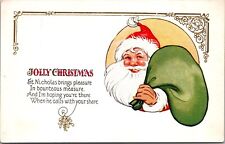 Christmas Postcard Jolly Santa Claus Holding a Green Bag of Toys~4344 picture