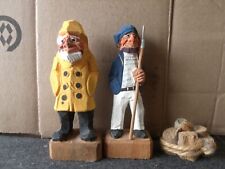 Pair of Vintage Painted Carved Wooden Old Salt Sailor & Harpoonist Figurines picture