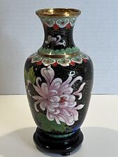 Elegant Vintage Enamelware Chinese Black Cloisonné Flowers Bird Brass Vase  picture