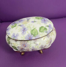 Vintage Dainty Purple Violets Porcelain Trinket Ring Box Lid Gold Footed 566 picture