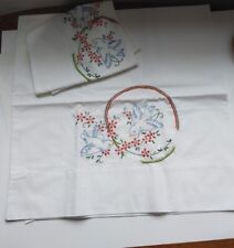 Vintage Pillow Case Set Of 2 Standard Embroidered Flowers & Birds Granny Core picture