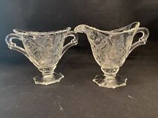 Heisey Orchid Footed Cream and Sugar Vintage etched clear glass waverly 4” Tall picture