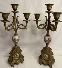 Antique solid bronze candelabra pair, french porcelain, Candle Holders picture