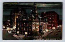 Detroit MI- Michigan, City Hall By Night, Antique, Vintage Souvenir Postcard picture