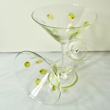 VTG CLEAR EDGED MARTINI GLASSES SET OF TWO HAND PAINTED OLIVES Etched Leaves picture