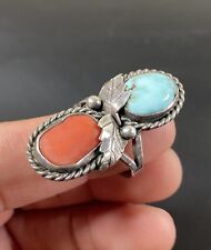 Vintage Navajo Native American Sterling Silver .925 Coral & Turquoise Leaf Ring picture