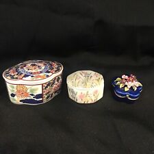 Vintage MCM Lot of 3 Miniature Trinket Boxes Porcelain Metal Flower Themed Iris picture