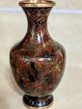 Vintage Chinese Cloisonne Vase With Stand Brown Green Floral Jingfa 5 inch Tall picture