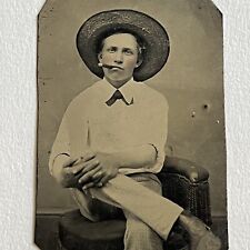 Antique Tintype Photograph Young Man Teen Boy Cigar Hat Great Attitude Cowboy picture