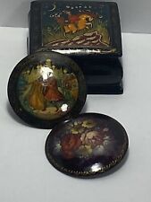 Vintage Russian Black Lacquer Hand Painted Jewelry Box W/ 2 Hand painted Brooch picture