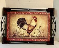 Beautiful Large Rooster Farmhouse Serving Tray Handles Metal And Wood Lacquered picture