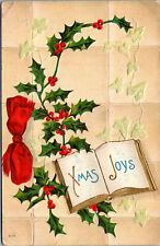 Vtg 1910s Xmas Joys Holly Berries Book Embossed Christmas Greetings Postcard picture