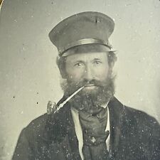 Antique Ambrotype Photograph Charming Man Beard Ship Captain Hat Pipe In Mouth picture