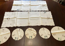 Vintage Linen Hand Embroidered 2 Table Runners And 5 Doilies Matching Portugal picture