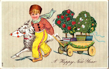 VINTAGE 1909 POSTCARD A HAPPY NEW YEAR BOY PULLING WAGON WITH FLOWERS & A DOG picture