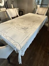 Antique Handmade Linen Banquet Tablecloth Needle Lace Inserts Embroidery 88”x67” picture