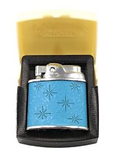 New Vintage Ronson Sport Cigarette Lighter MIB Sky Blue Leather Wrapped w/Stars picture