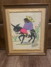 Vintage Mexican Folk Art Burlap Signed Painting. Children Donkey Cactus picture