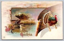 Postcard With Thanksgiving Greetings Turkey Wearing Wishbone c1913 picture