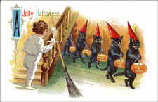Vintage Postcard REPRODUCTION Halloween Pumpkin Black Cats with Red Hats NEW picture