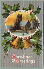 c1910s CHRISTMAS Embossed Postcard Church Scene / Gold Bells / Holly - UNUSED picture