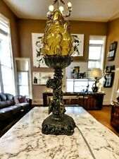 Antique Catco Cherub Brass Lamp w/ Amber Glass Torch Shade picture