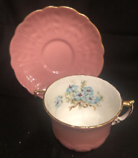 Aynsley Fine Bone China Teacup & Saucer -Pink Cup w Gold Blue Flower-ENGLAND picture