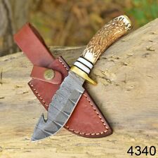 Authentic DAMASCUS STEEL SKINNING KNIFE HUNTING ORIGINAL STAG HORN GUTHOOK BLADE picture