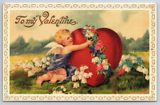 A880 Valentine Valentines Day Cupid Heart Flowers Flower Petals Vintage Postcard picture