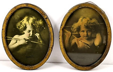 Antique Cupid Asleep And Cupid Awake Gold Oval Framed Photographs M B Parkinson picture