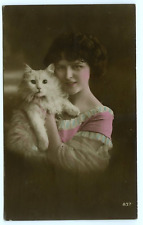 Woman Posing with Fluffy White Green-Eyed Cat Real Photo Postcard picture