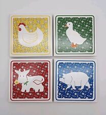 VINTAGE FARM ANIMAL COUNTRY CERAMIC TILE TRIVETS COASTERS SET OF 4 picture