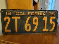 Vintage 1935 CALIFORNIA License Plate Tag #2T 6915 COUNTY Black INDENTED BORDER picture