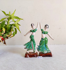 Vintage Handmade Terracotta Painted 2 Dancing Ladies Statue Decorative TC-37 picture