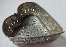 Old Primitive Punched Tin Heart Shaped Cheese Strainer Handle & Feet Unmarked picture