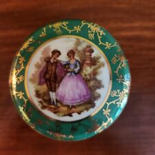 Limoges France Trinket Box w Legs Vintage Couple Green Gold picture