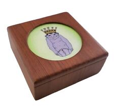 Vintage Eclectic Wooden Jewelry Cuff Links Box Royal Baby w Crown Lined Hinged  picture