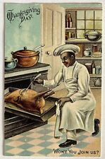 Vintage postcard cook at oven with turkey embossed Thanksgiving postally used picture