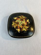 Vintage USSR Hand Painted floral black lacquered 4” trinket box picture