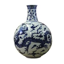 Chinese Blue White Porcelain Dragon Graphic Fat Body Vase ws370 picture