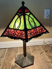 Bradley and Hubbard Arts & Crafts 194 Slag Glass Lamp Green/Pink 21” picture