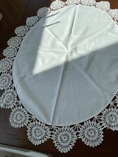 Vintage White Linen Tablecloth 44” Round White Embroidery Lace Trim READ picture